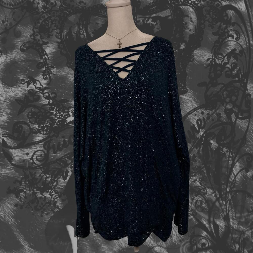 crisscross V neck dark teal navy glitter glam core night out top